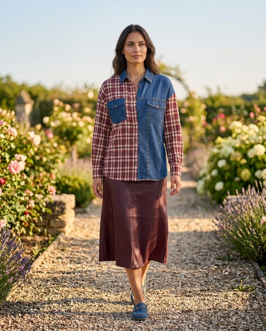 Chemise Bi-Matière Carreaux & Denim Cloutée, La Garde-Robe de Nina - vue 1