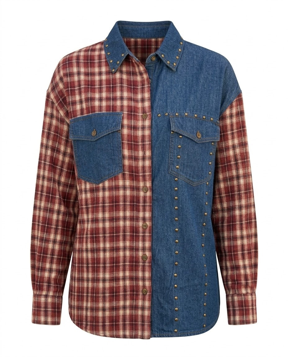 Chemise Bi-Matière Carreaux & Denim Cloutée, La Garde-Robe de Nina - vue 5
