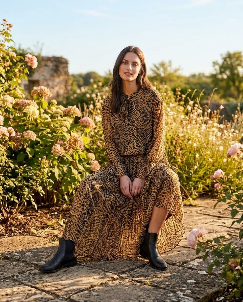 Ensemble Chemisier & Jupe Imprimé Python Camel/Noir, La Garde-Robe de Nina - vue 1