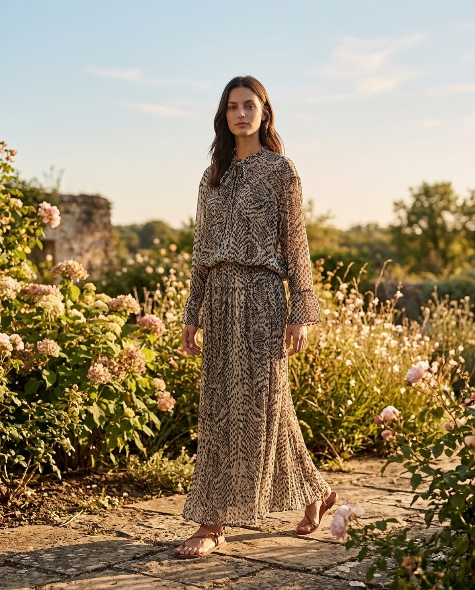Ensemble Chemisier & Jupe Imprimé Python Beige/Noir, La Garde-Robe de Nina - vue 1