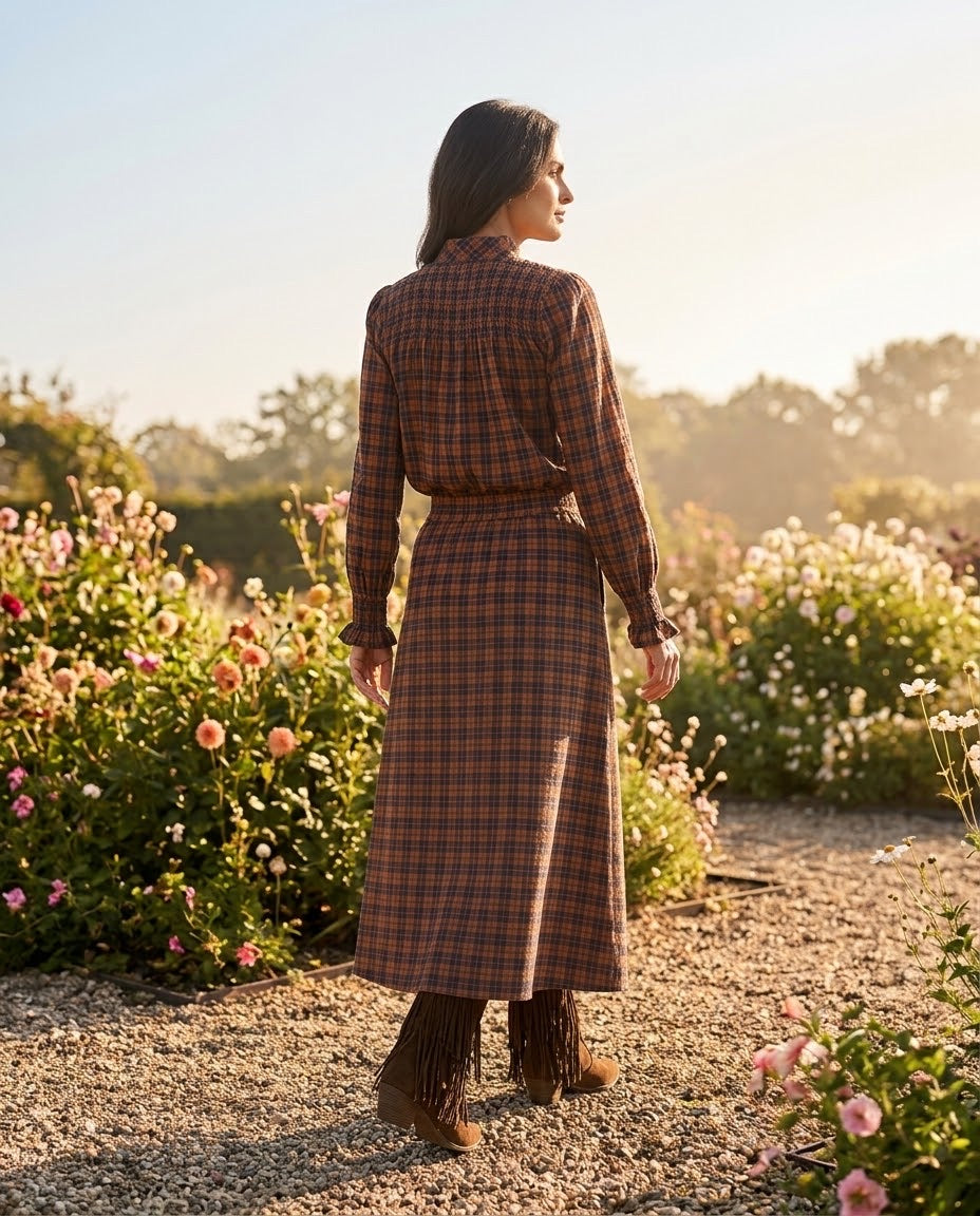 Ensemble Chemisier & Jupe Petits Carreaux Tartan Marron/Bleu, La Garde-Robe de Nina - vue 2