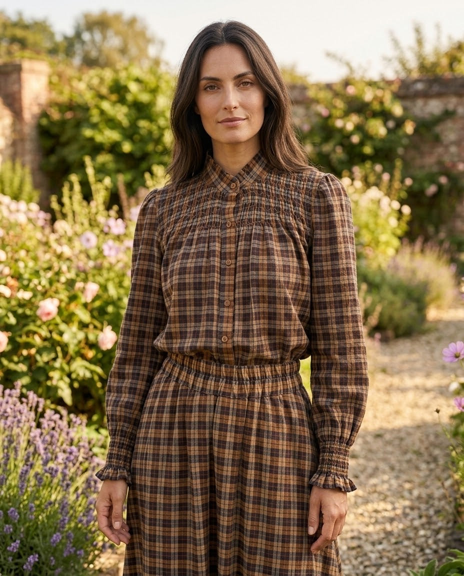 Ensemble Chemisier & Jupe Petits Carreaux Tartan Camel/Chocolat, La Garde-Robe de Nina - vue 2