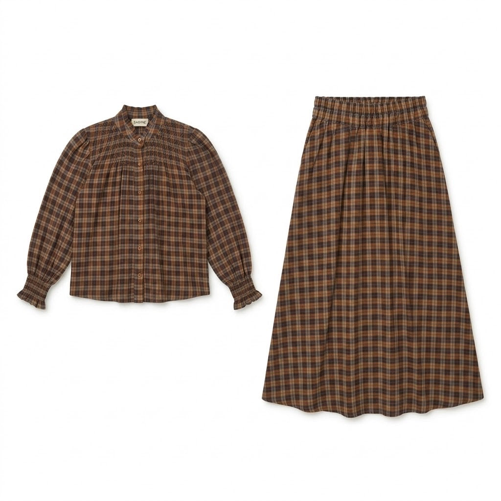 Ensemble Chemisier & Jupe Petits Carreaux Tartan Camel/Chocolat, La Garde-Robe de Nina - vue 4