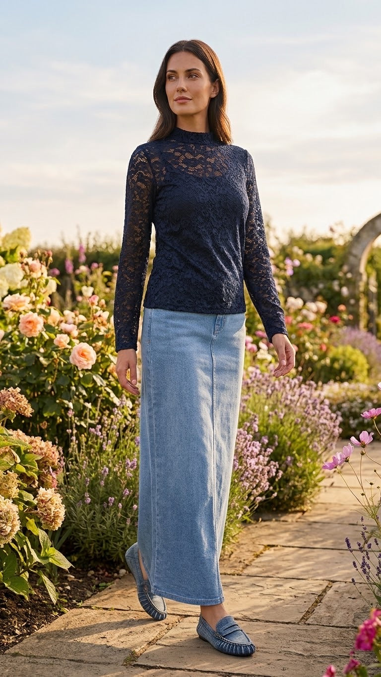 Haut Dentelle Col Montant Marine, La Garde-Robe de Nina - vue 1