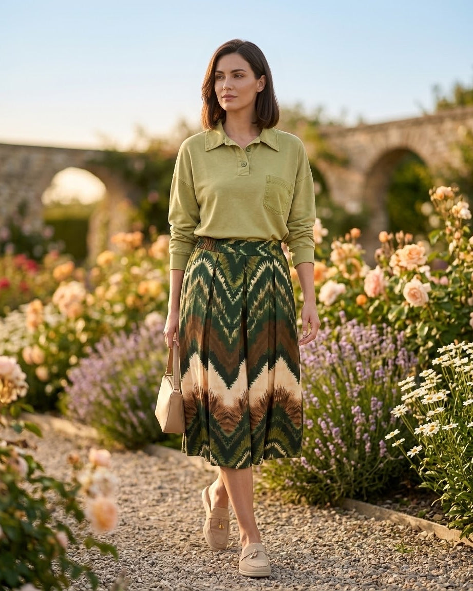 Jupe Plissée Imprimé Chevron Vert, La Garde-Robe de Nina - vue 1