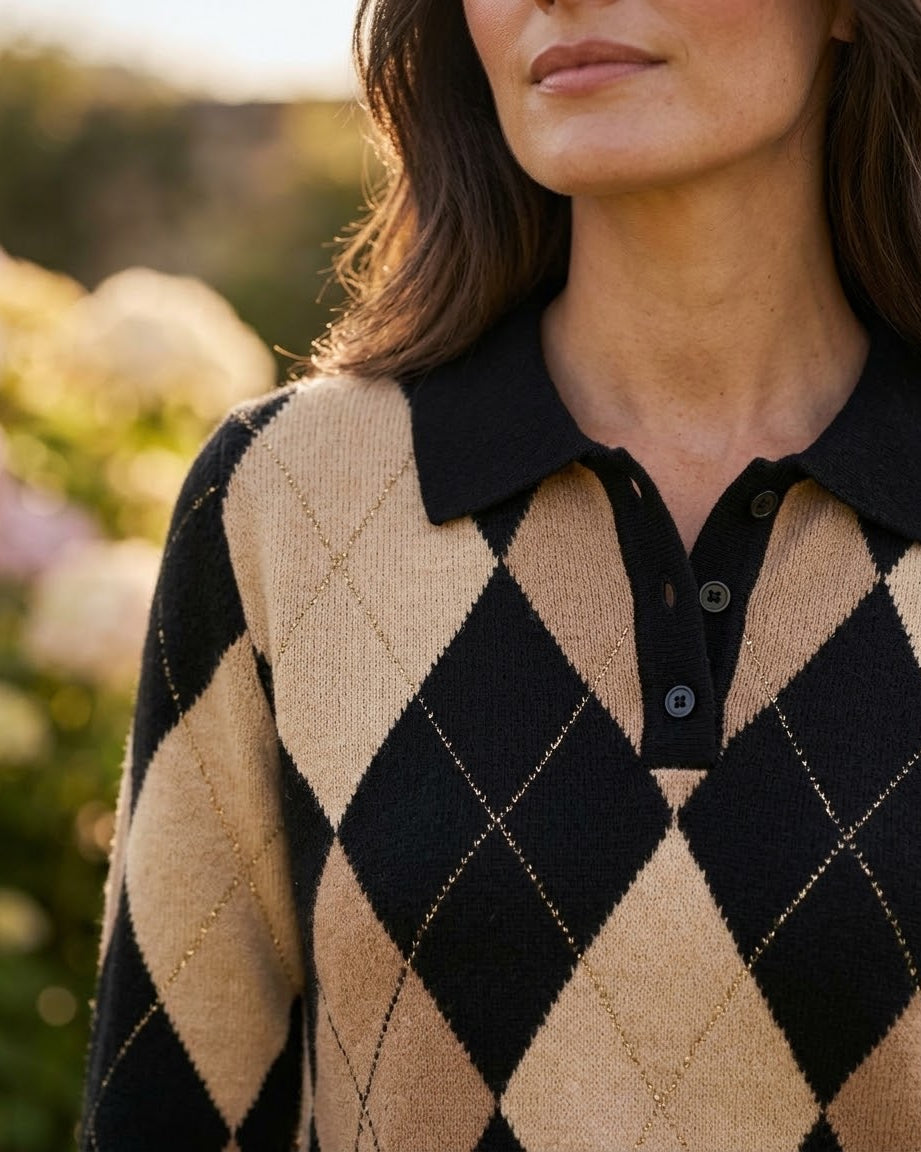 Pull Col Polo Motif Losange Marron, La Garde-Robe de Nina - vue 3