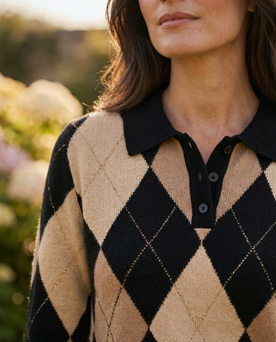 Pull Col Polo Motif Losange Marron, La Garde-Robe de Nina - vue 3