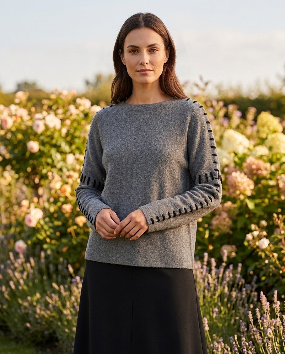 Pull Col Rond Surpiqûres Contrastées Gris, La Garde-Robe de Nina - vue 1