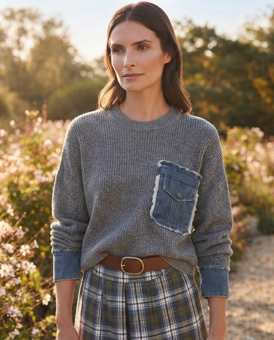 Pull Maille Gris Poche en Jean, La Garde-Robe de Nina - vue 1