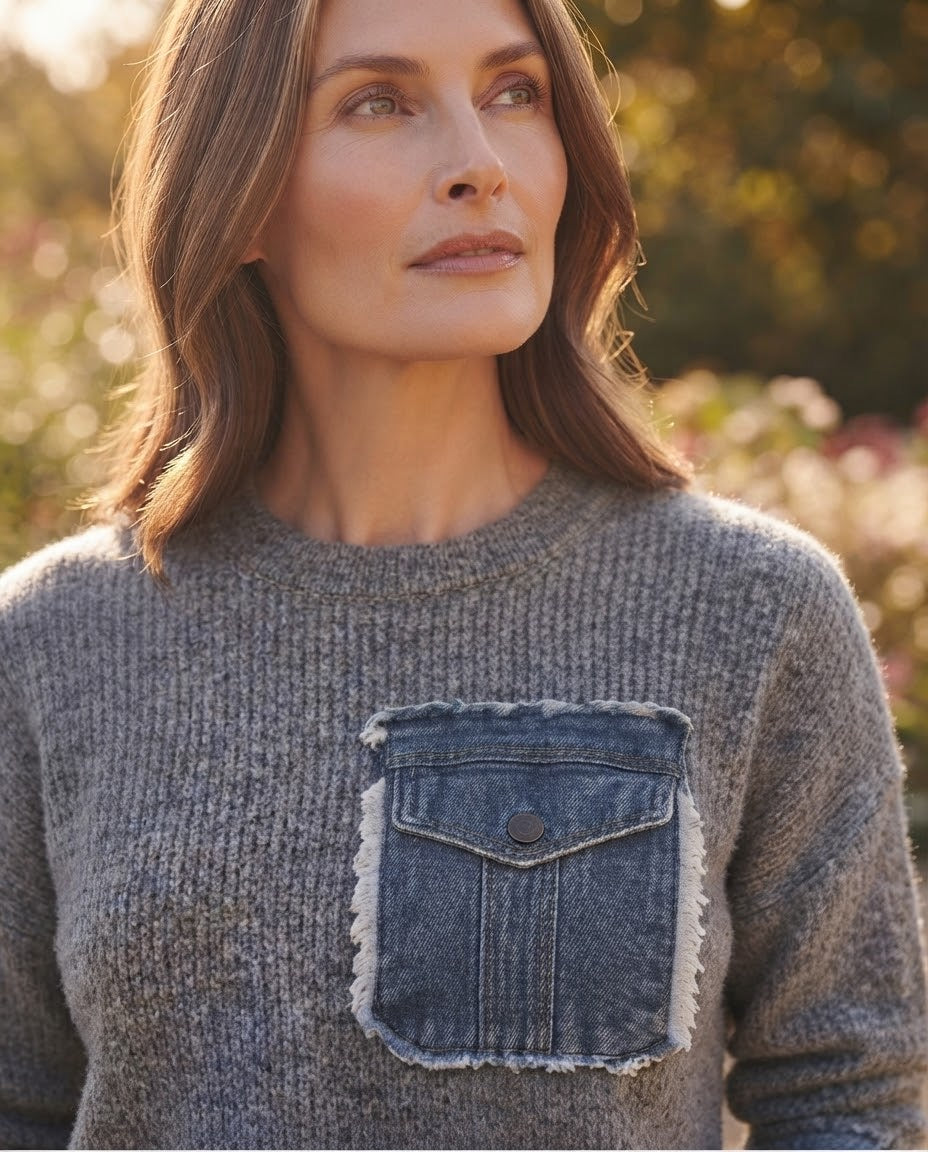Pull Maille Gris Poche en Jean, La Garde-Robe de Nina - vue 2