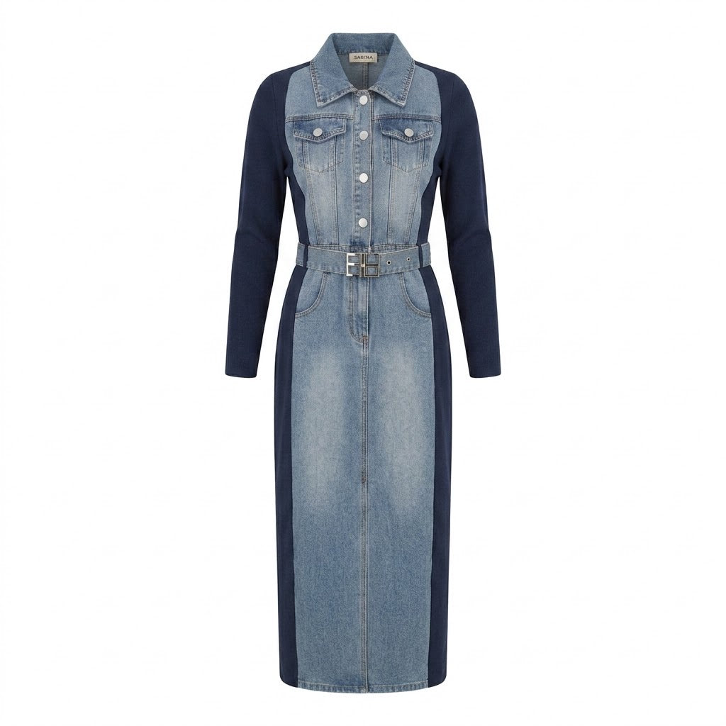 Robe Bi-Matière Jean & Maille Ceinturée Marine, La Garde-Robe de Nina - vue 4