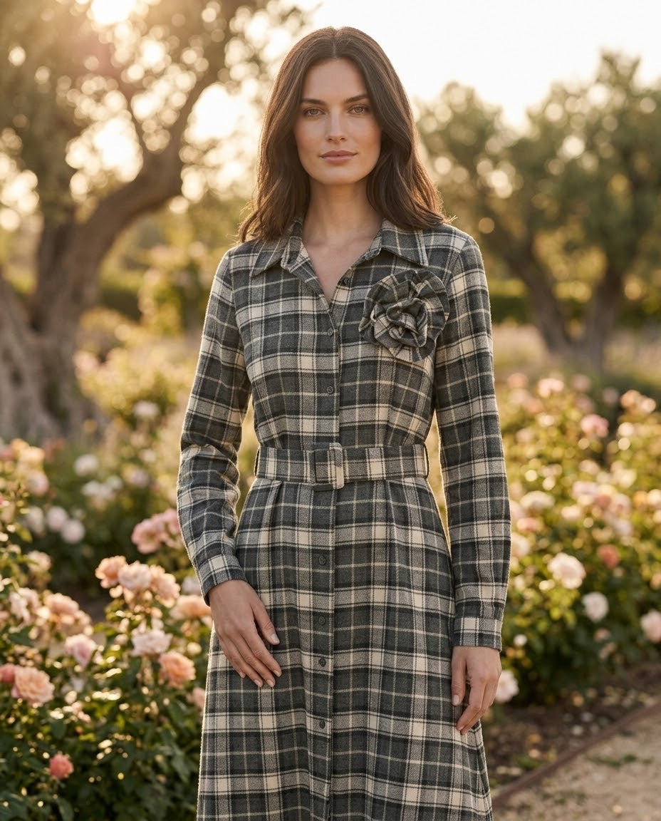 Robe Chemise Carreaux Gris et Écru Broche Fleur Amovible, La Garde-Robe de Nina - vue 2