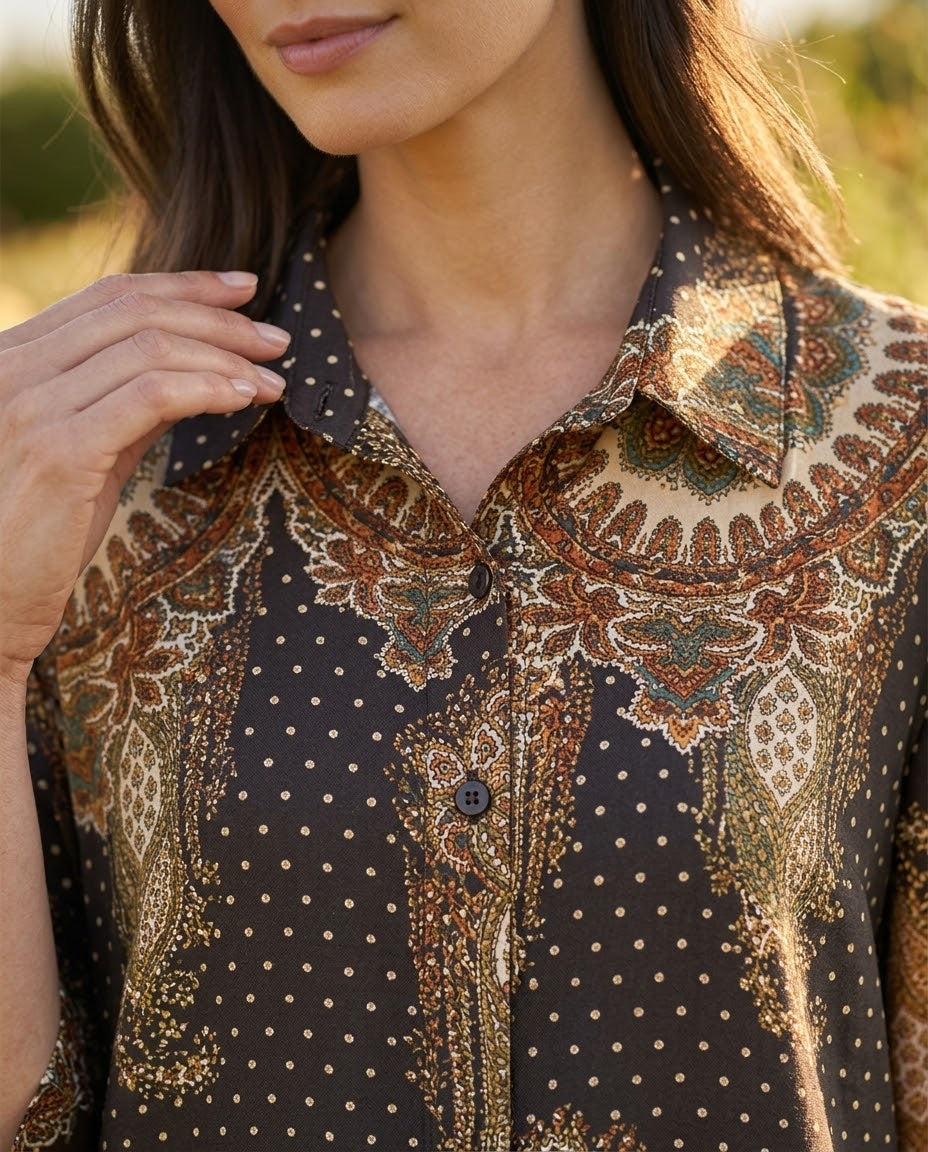 Robe Chemise Longue Imprimée Cachemire Noir & Marron, La Garde-Robe de Nina - vue 4