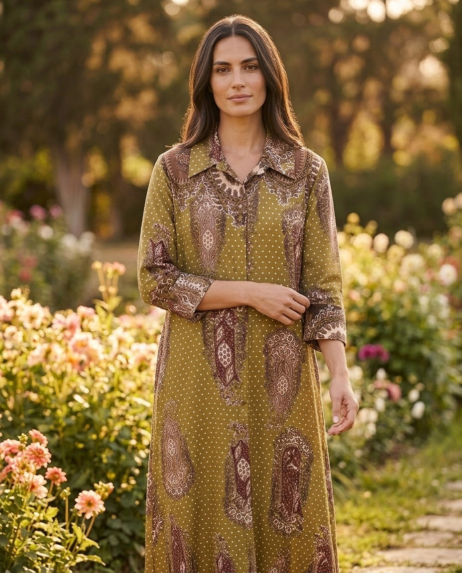 Robe Chemise Longue Imprimée Cachemire Kaki & Marron, La Garde-Robe de Nina - vue 2