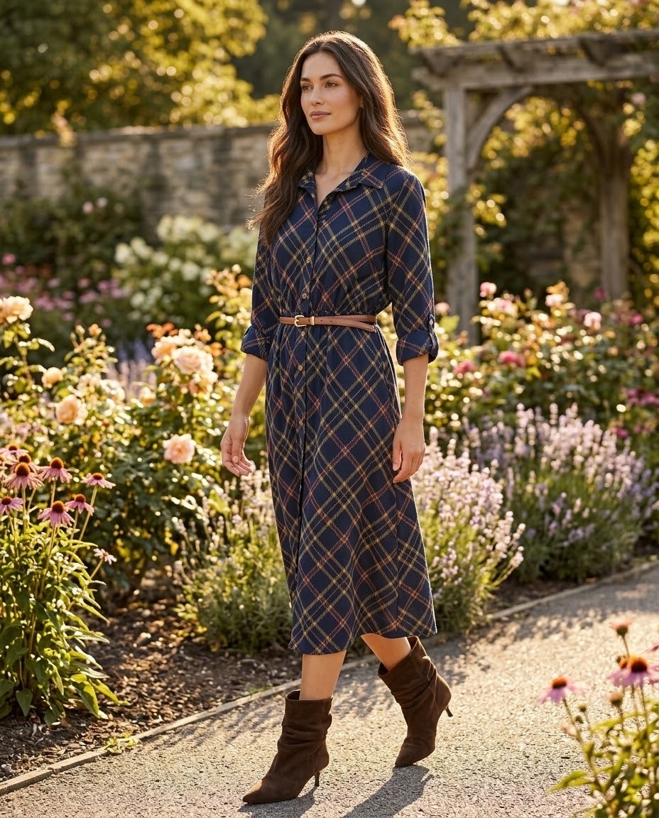 Robe Chemise Velours Côtelé Carreaux Marine, La Garde-Robe de Nina - vue 1