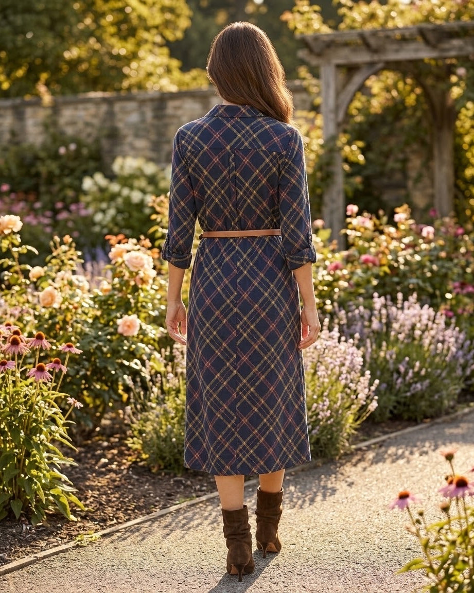 Robe Chemise Velours Côtelé Carreaux Marine, La Garde-Robe de Nina - vue 3
