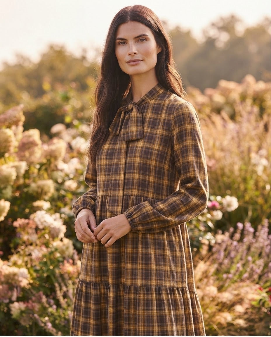 Robe Étagée Carreaux Nœud Lavallière Moutarde, La Garde-Robe de Nina - vue 1