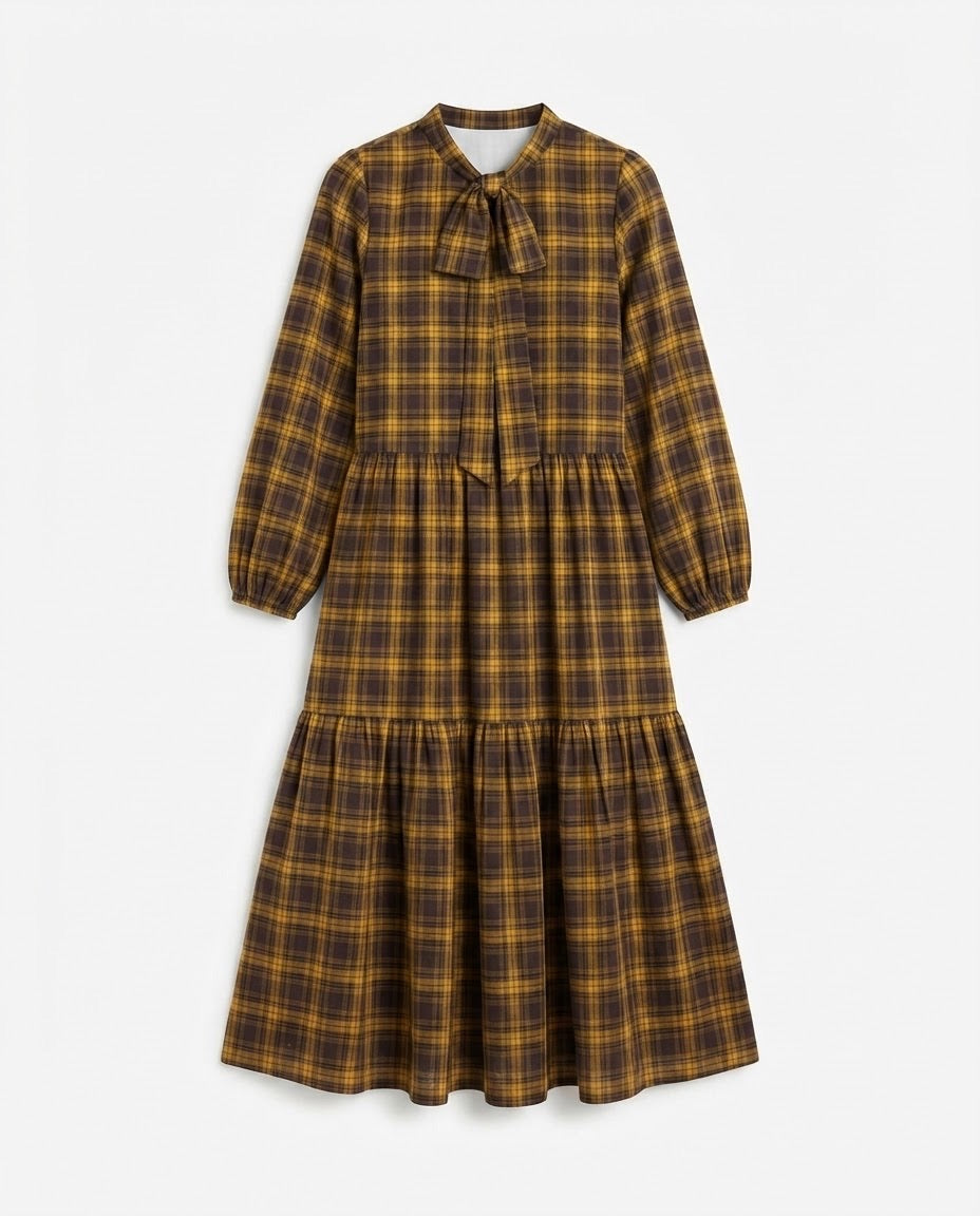 Robe Étagée Carreaux Nœud Lavallière Moutarde, La Garde-Robe de Nina - vue 4