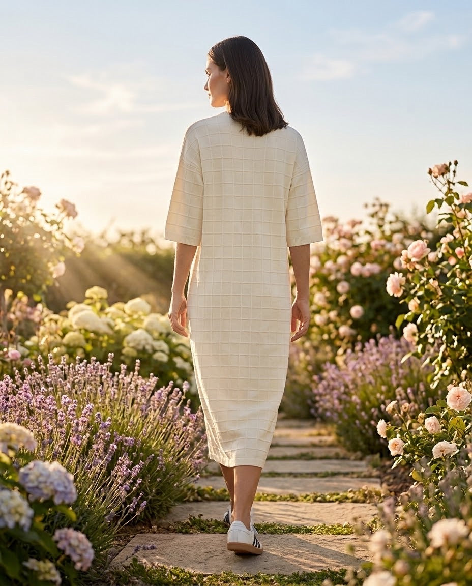 Robe Maille Carreaux Broche Amovible Écru, La Garde-Robe de Nina - vue 3