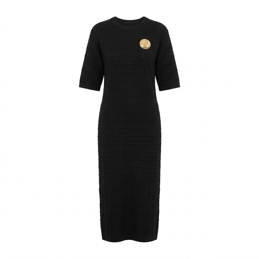 Robe Maille Carreaux Broche Amovible Noir, La Garde-Robe de Nina - vue 4