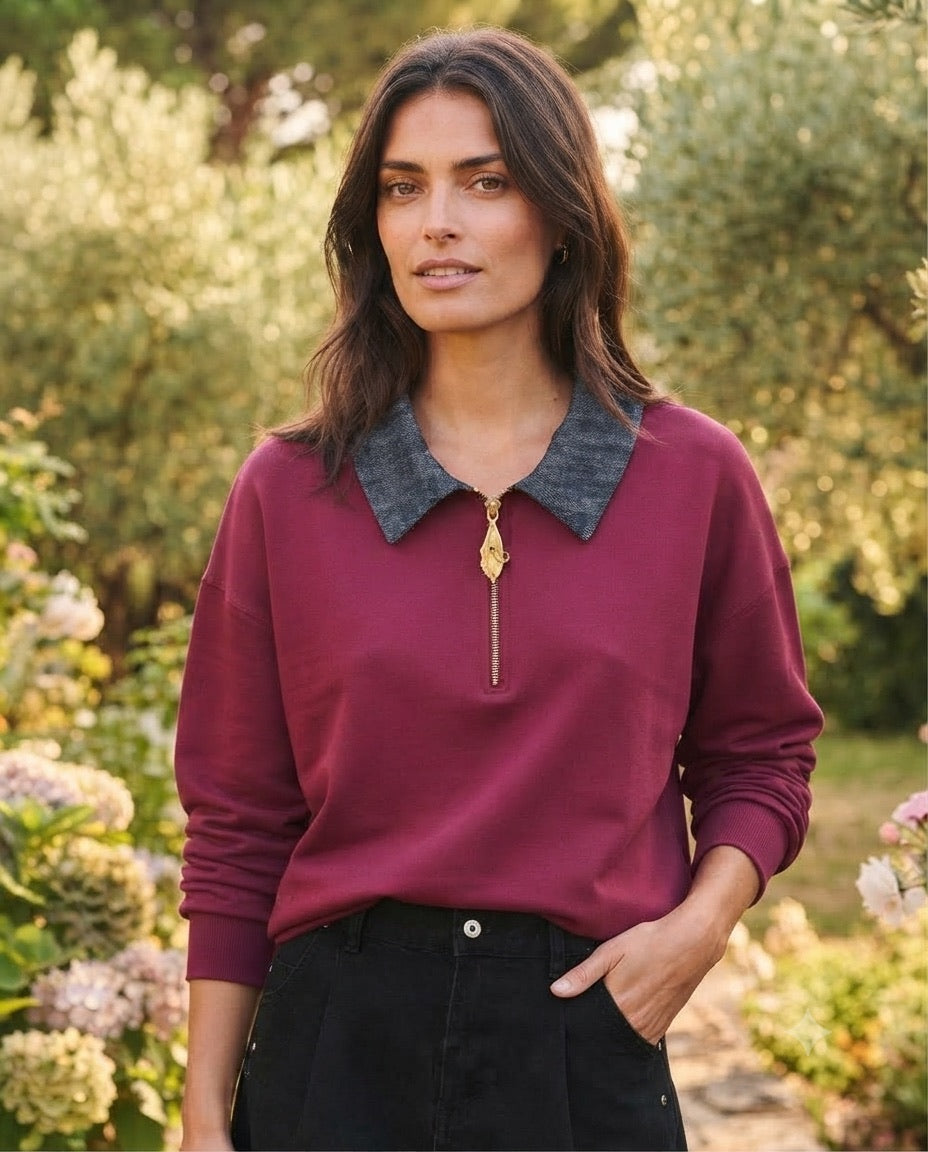 Sweat Bi-Matière Col Jean Zippé Bordeaux, La Garde-Robe de Nina - vue 1