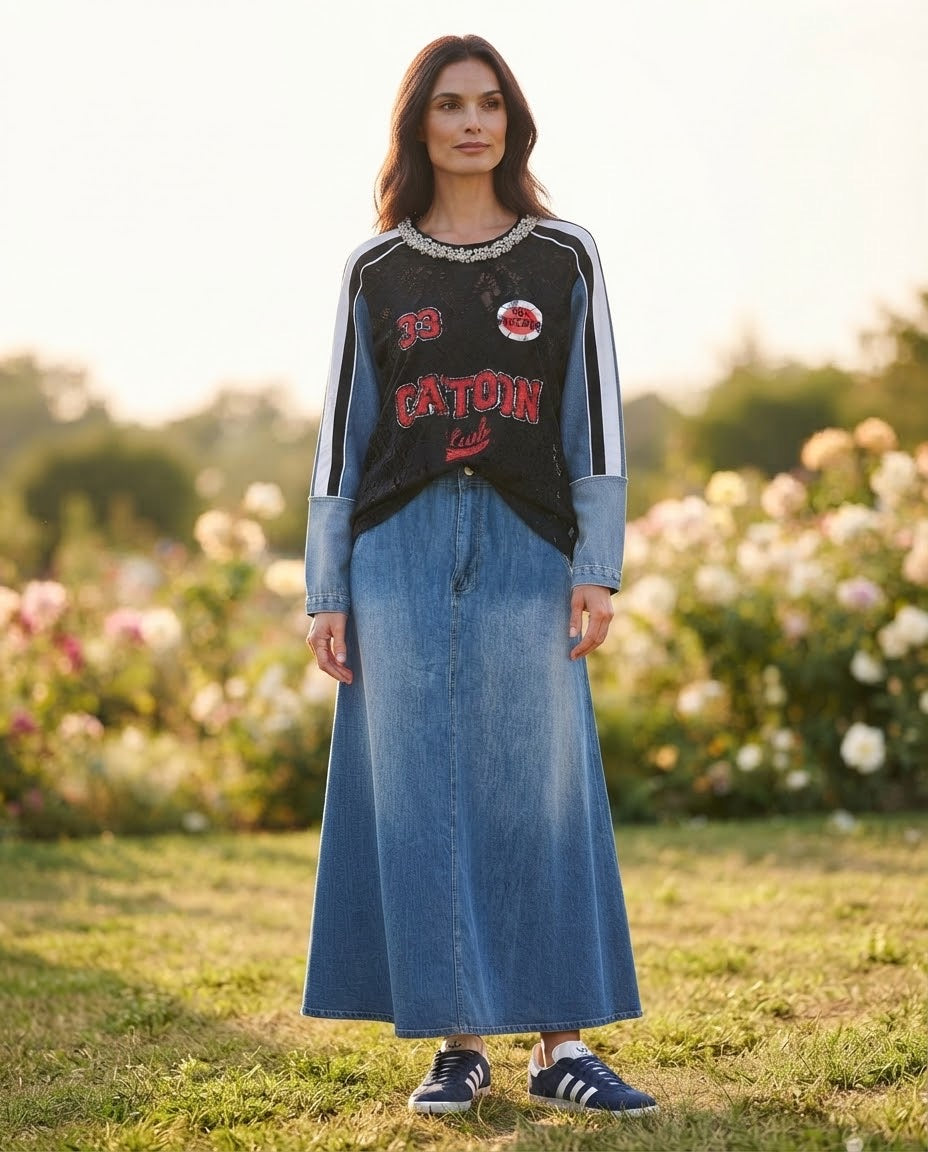 Sweat Brodé Dentelle Noire Manches Denim, La Garde-Robe de Nina - vue 1