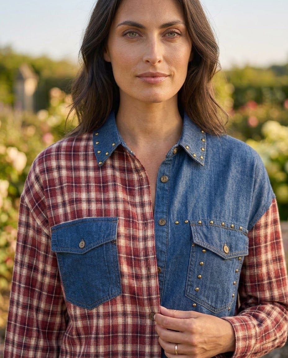 Chemise Bi-Matière Carreaux & Denim Cloutée, La Garde-Robe de Nina - vue 3