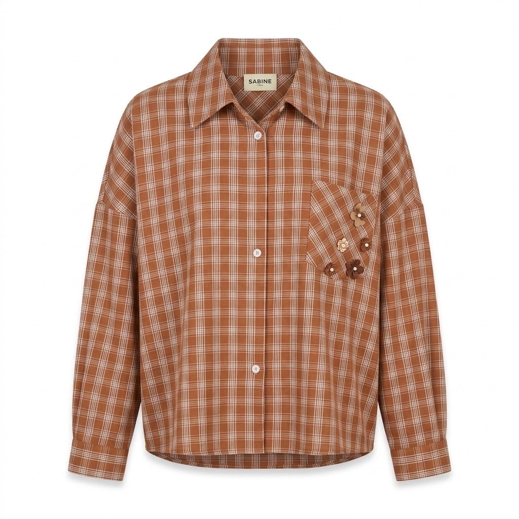 Chemise Carreaux Marron Détail Fleurs, La Garde-Robe de Nina - vue 4
