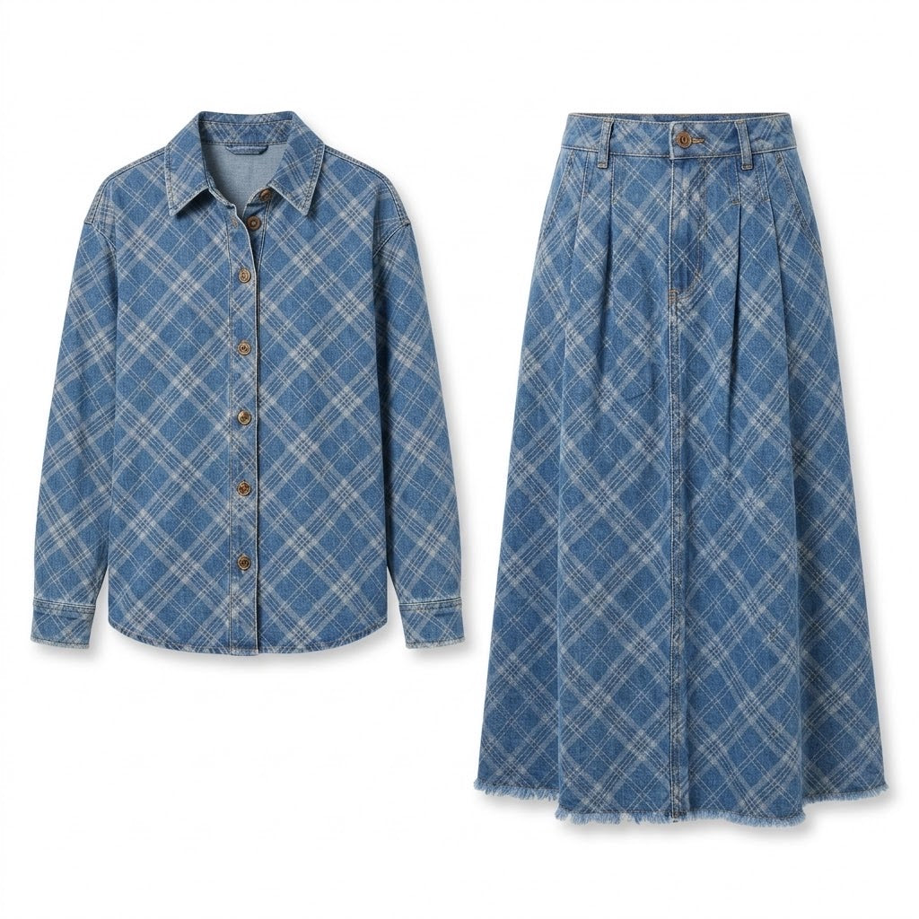 Ensemble Chemise & Jupe Jean Carreaux Bleu, La Garde-Robe de Nina - vue 5