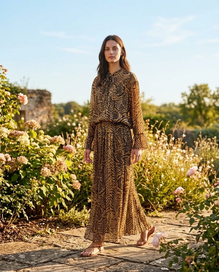 Ensemble Chemisier & Jupe Imprimé Python Camel/Noir, La Garde-Robe de Nina - vue 4