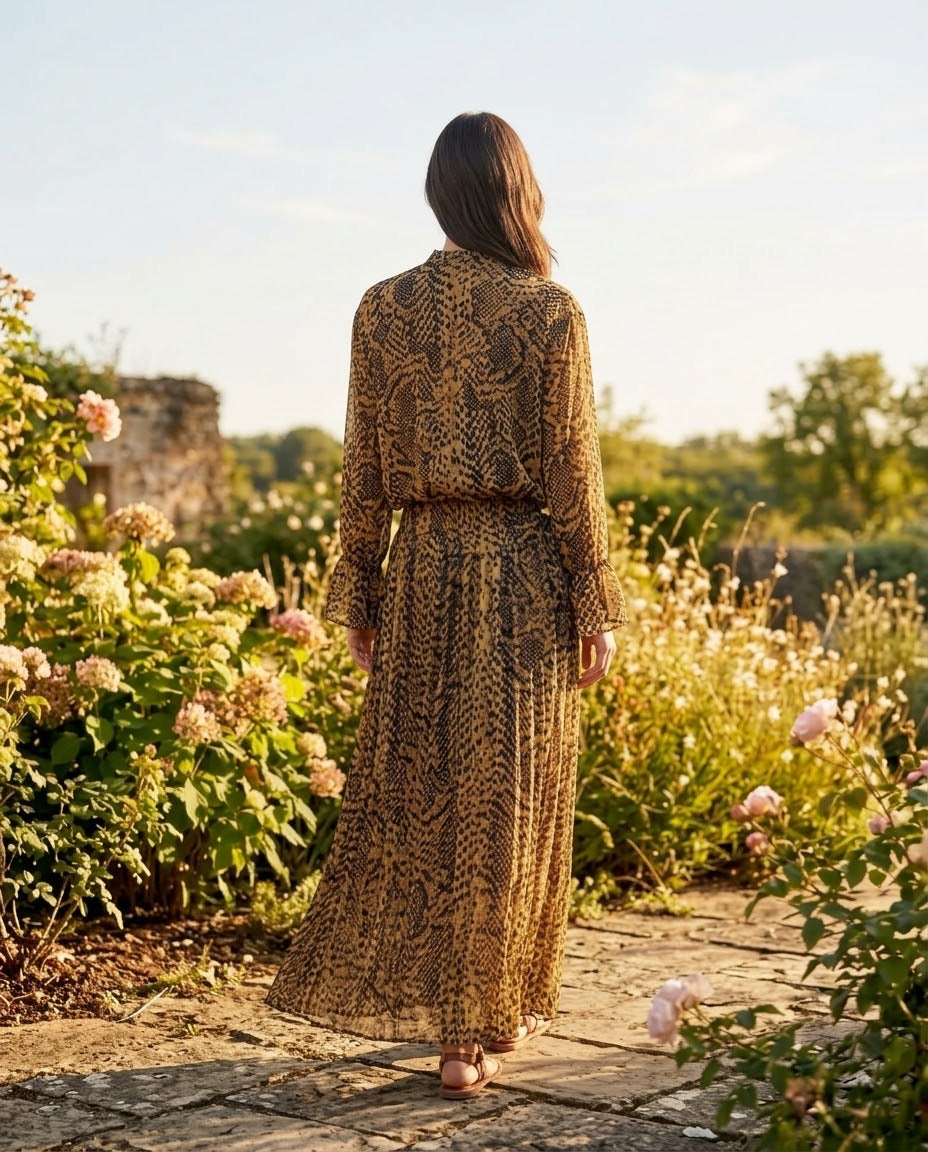 Ensemble Chemisier & Jupe Imprimé Python Camel/Noir, La Garde-Robe de Nina - vue 5