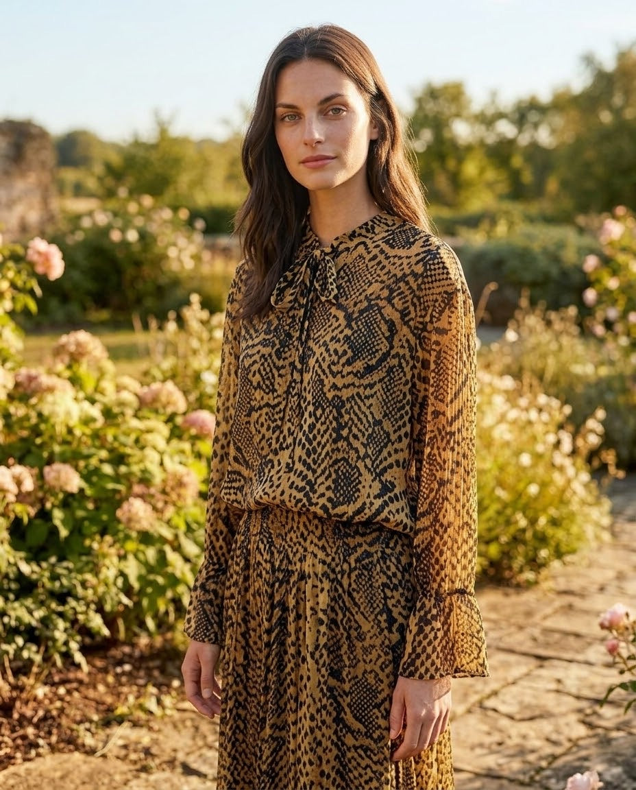 Ensemble Chemisier & Jupe Imprimé Python Camel/Noir, La Garde-Robe de Nina - vue 6