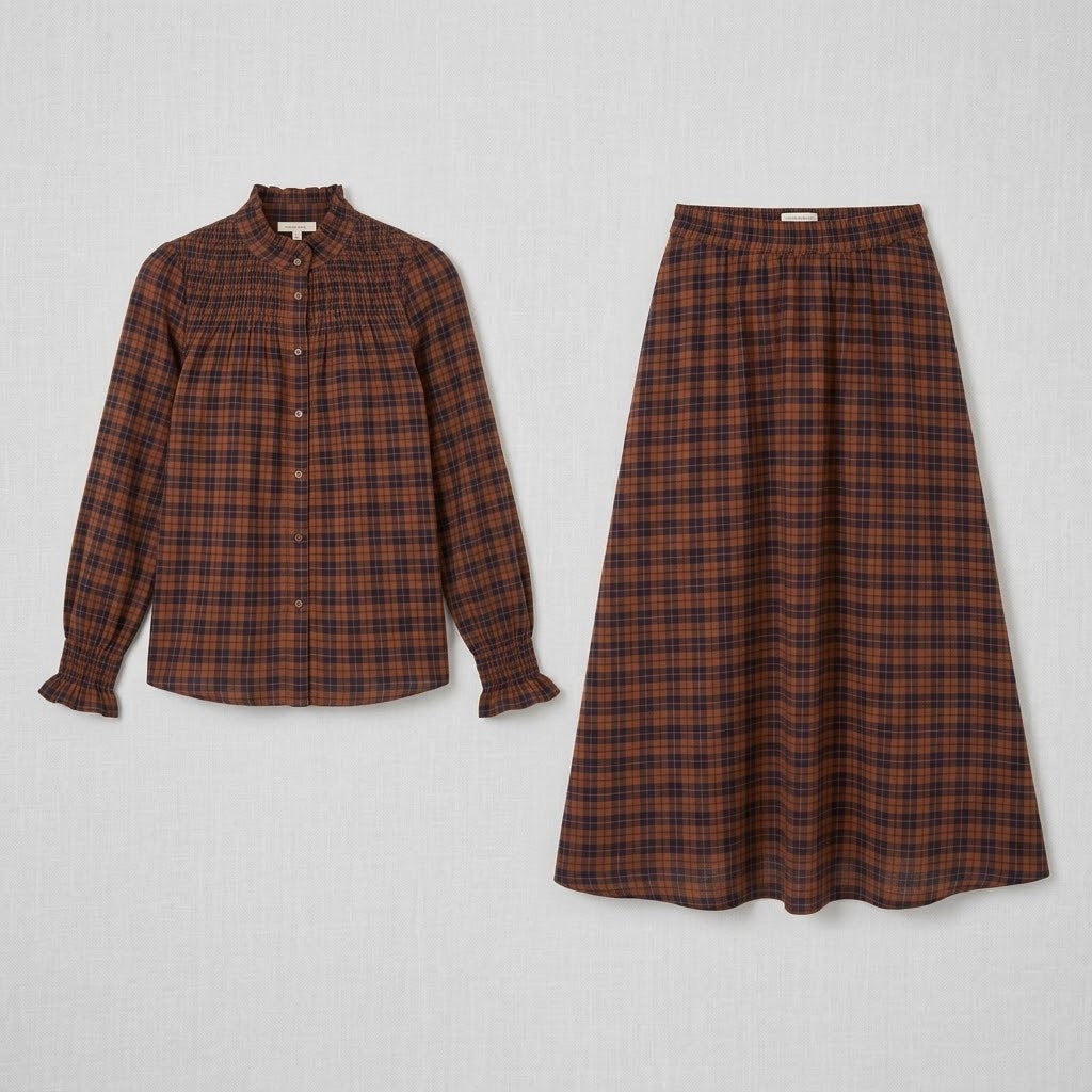 Ensemble Chemisier & Jupe Petits Carreaux Tartan Marron/Bleu, La Garde-Robe de Nina - vue 5