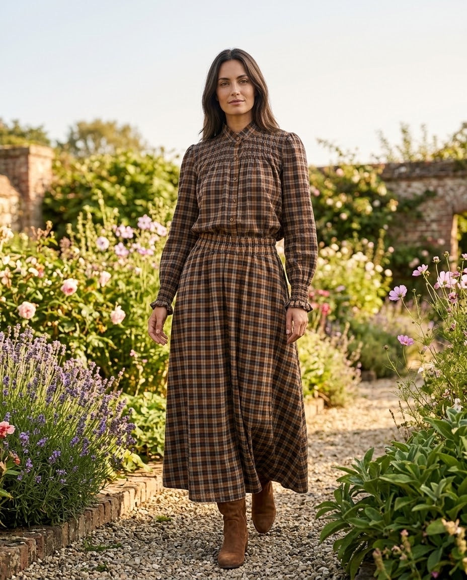 Ensemble Chemisier & Jupe Petits Carreaux Tartan Camel/Chocolat, La Garde-Robe de Nina - vue 1
