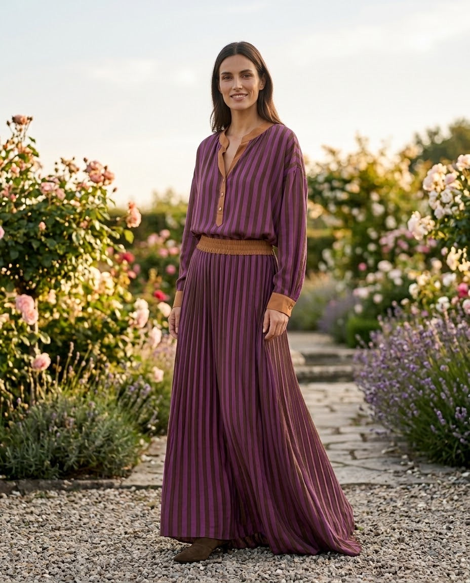 Ensemble Chemisier & Jupe Rayé Violet/Choco, La Garde-Robe de Nina - vue 1