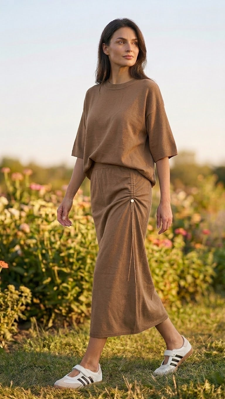 Ensemble en Maille Top & Jupe Zip Chaîne Camel, La Garde-Robe de Nina - vue 1