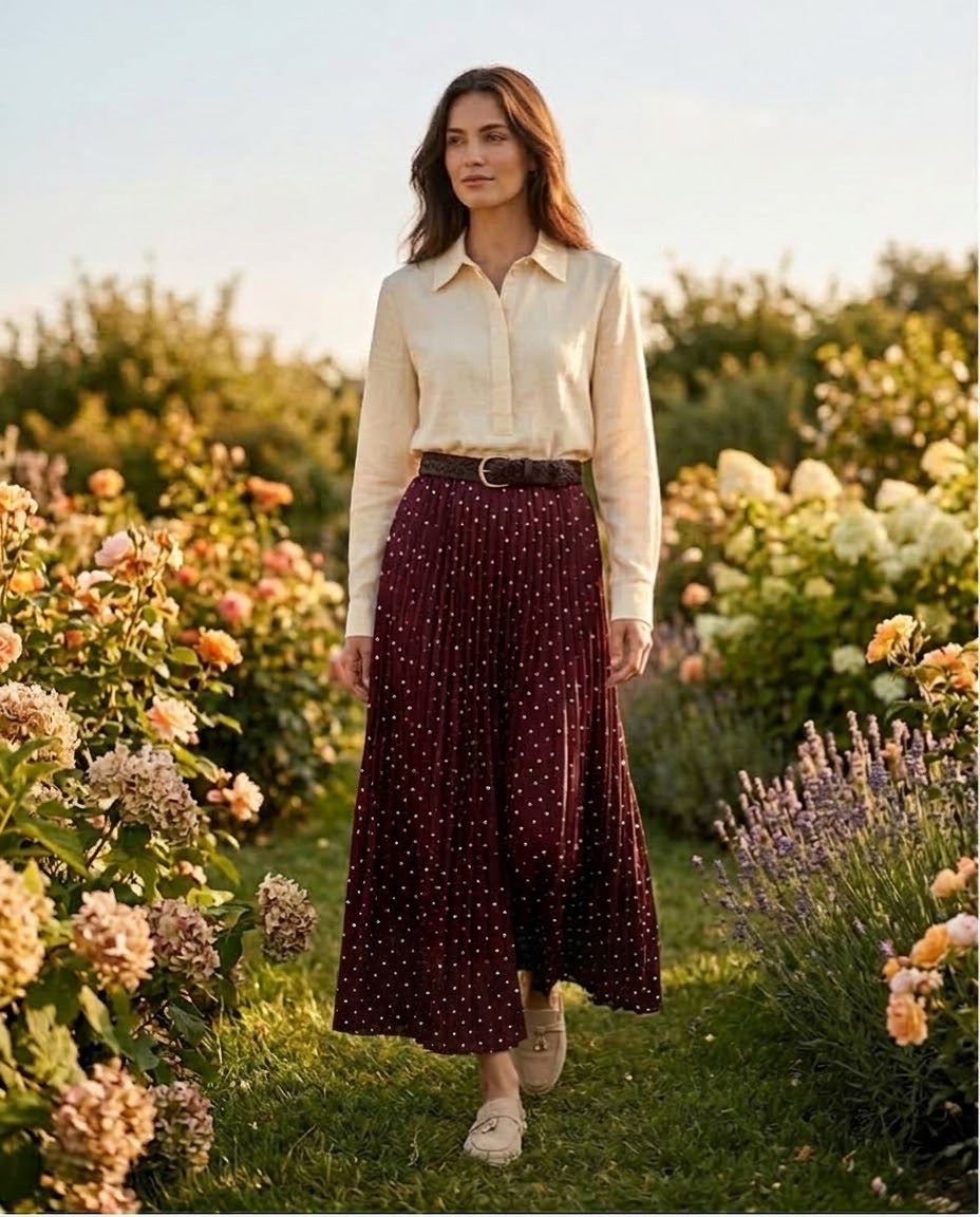 Jupe Plissée Bordeaux à Pois Ceinturée, La Garde-Robe de Nina - vue 1