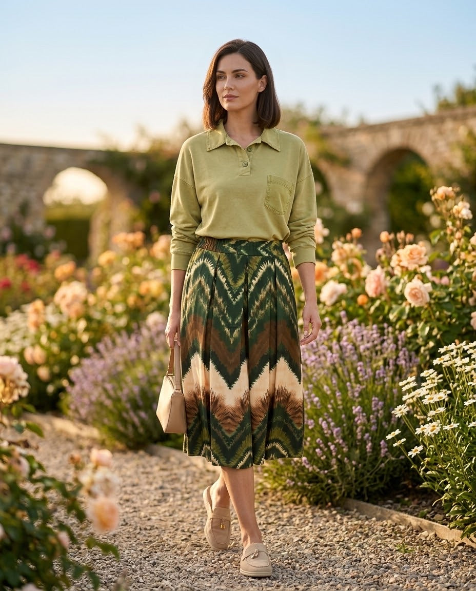 Jupe Plissée Imprimé Chevron Vert, La Garde-Robe de Nina - vue 1