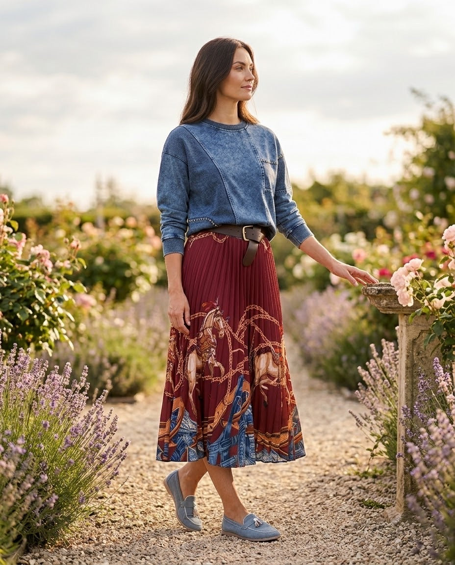 Jupe Plissée Imprimé Équestre Bordeaux, La Garde-Robe de Nina - vue 1