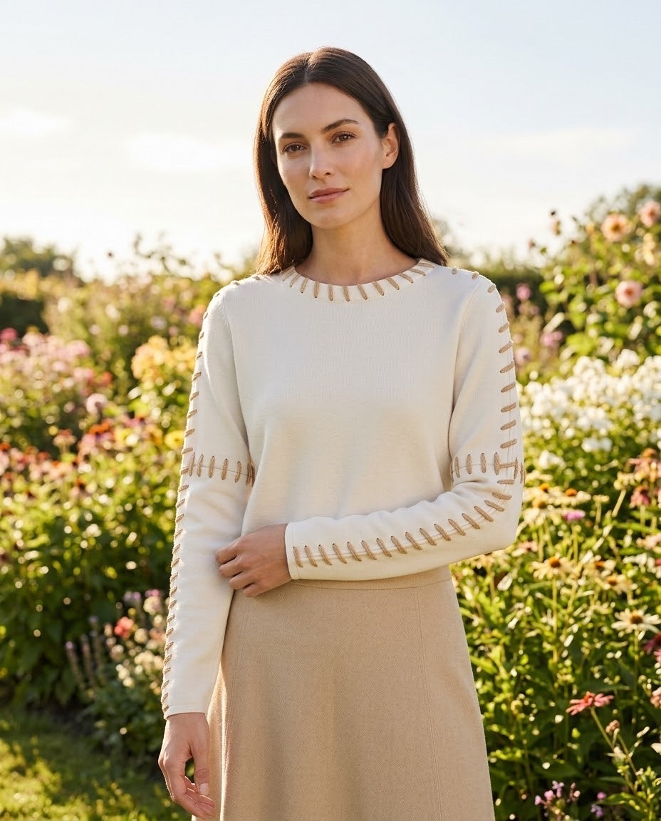 Pull Col Rond Surpiqûres Contrastées Crème, La Garde-Robe de Nina - vue 1