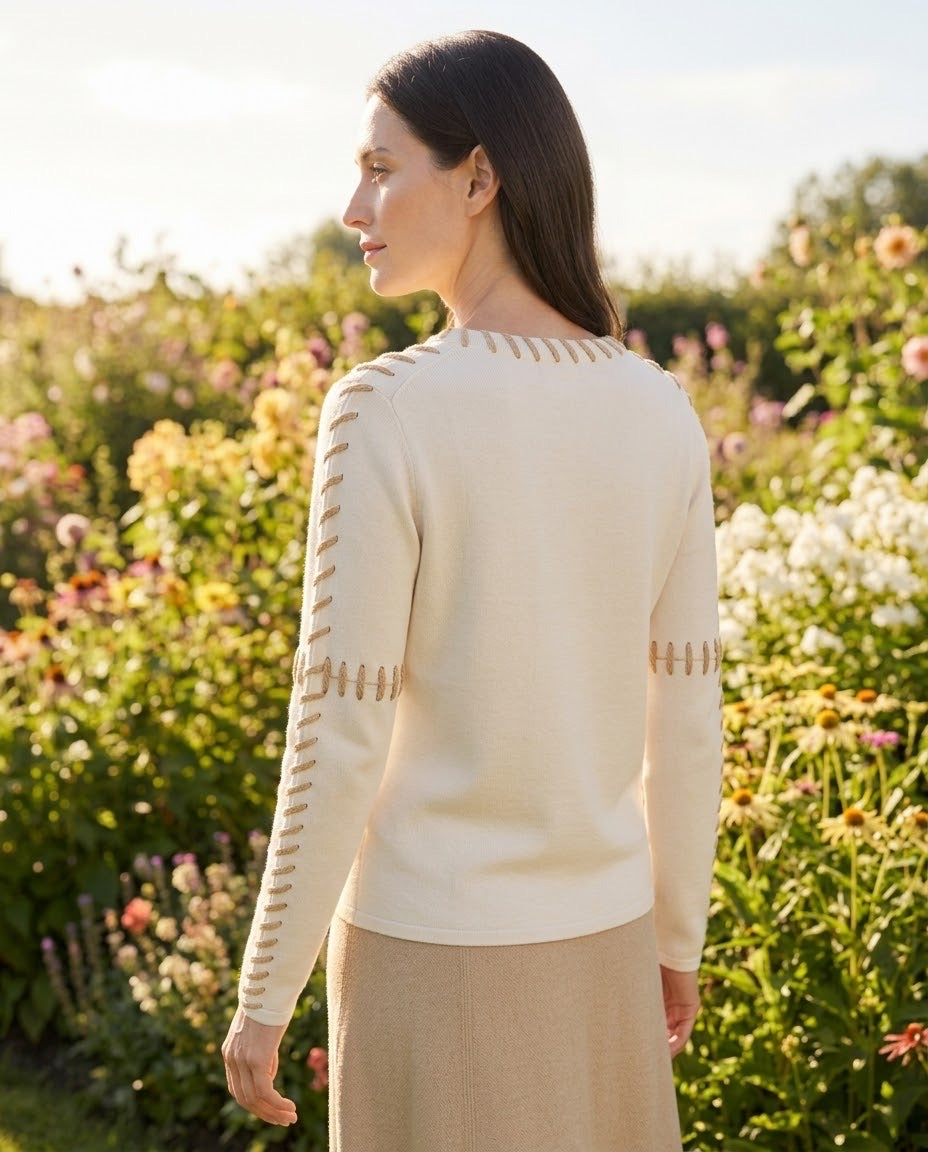 Pull Col Rond Surpiqûres Contrastées Crème, La Garde-Robe de Nina - vue 3