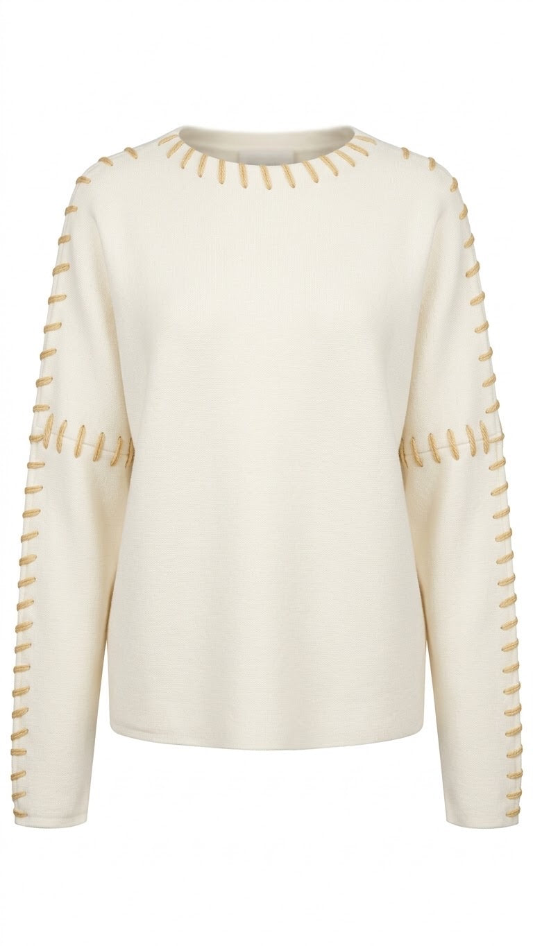 Pull Col Rond Surpiqûres Contrastées Crème, La Garde-Robe de Nina - vue 4