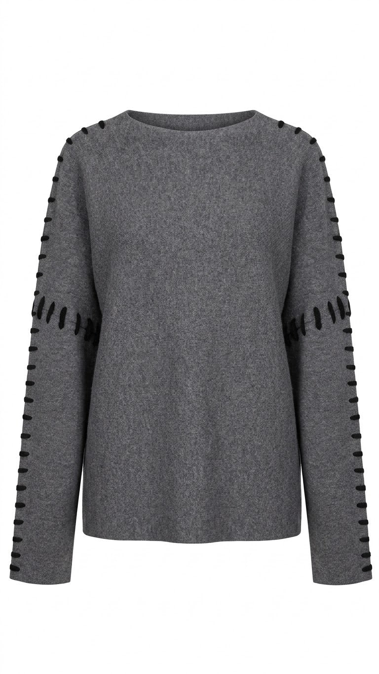 Pull Col Rond Surpiqûres Contrastées Gris, La Garde-Robe de Nina - vue 4