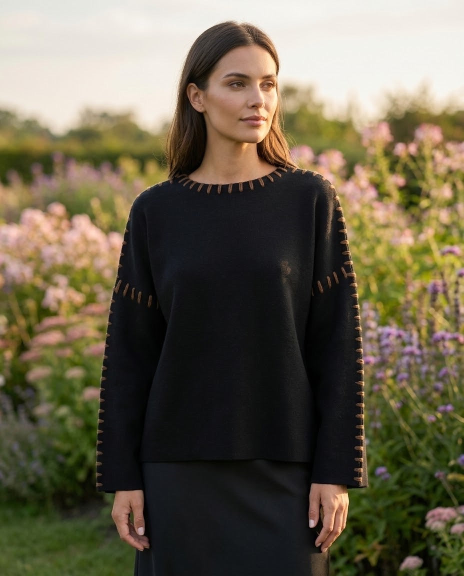 Pull col rond surpiqûres contrastées Noir, La Garde-Robe de Nina - vue 2