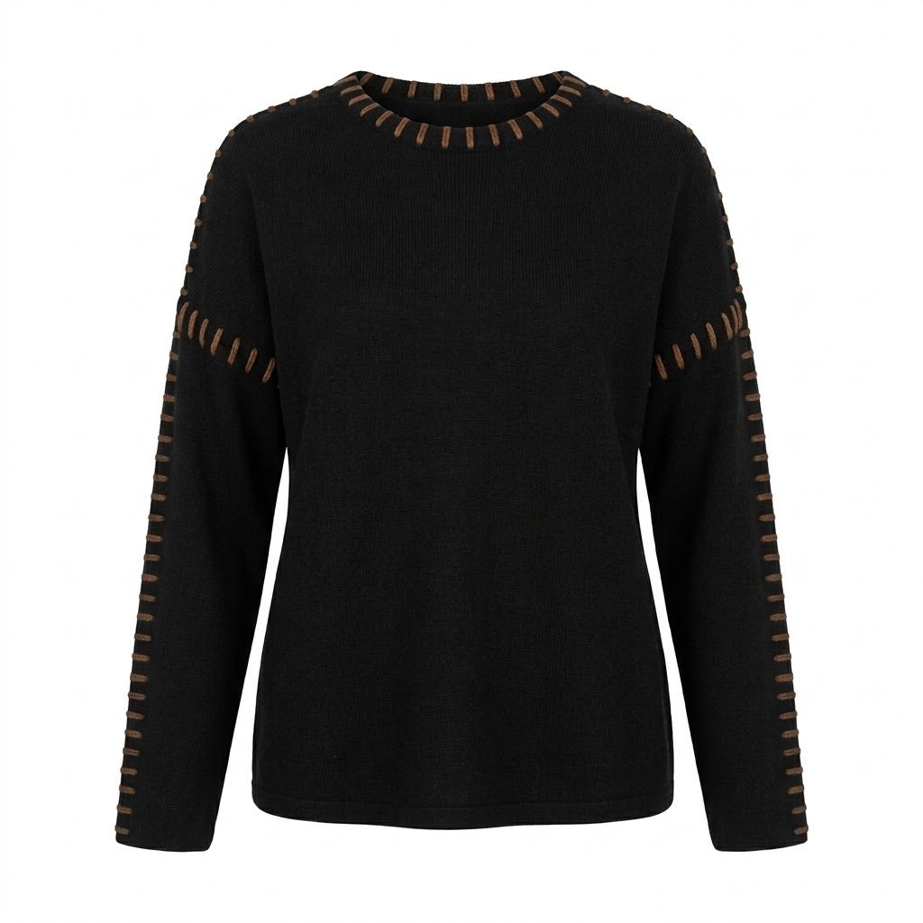 Pull col rond surpiqûres contrastées Noir, La Garde-Robe de Nina - vue 3