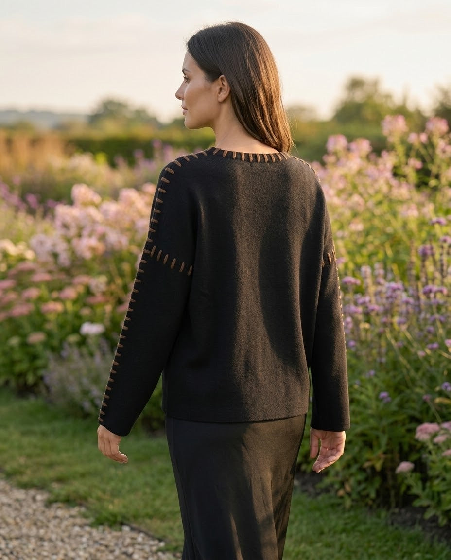 Pull col rond surpiqûres contrastées Noir, La Garde-Robe de Nina - vue 4
