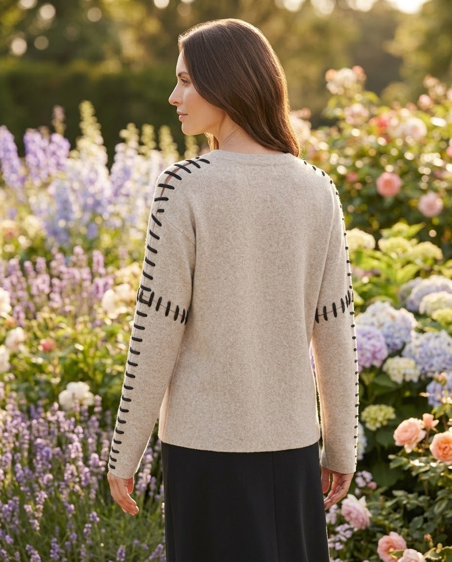 Pull Col Rond Surpiqûres Contrastées Taupe, La Garde-Robe de Nina - vue 3