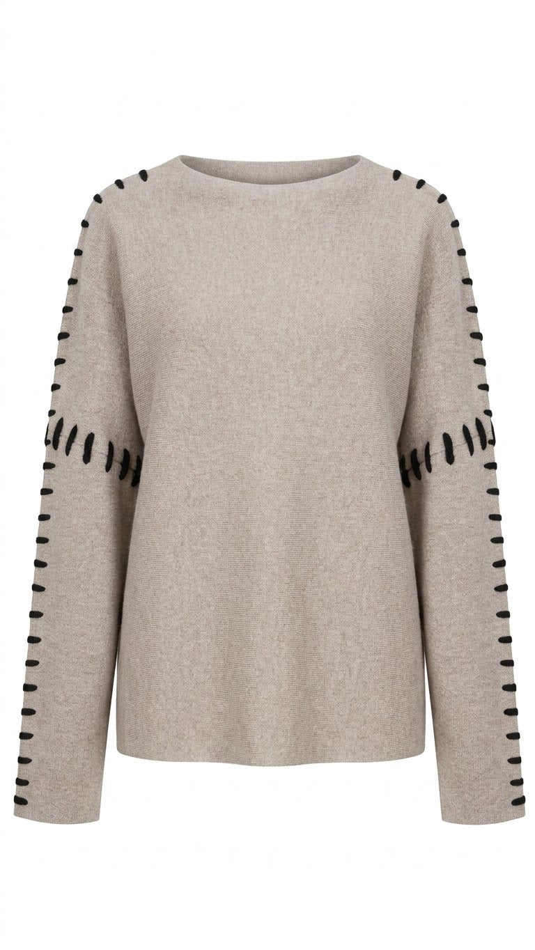 Pull Col Rond Surpiqûres Contrastées Taupe, La Garde-Robe de Nina - vue 4