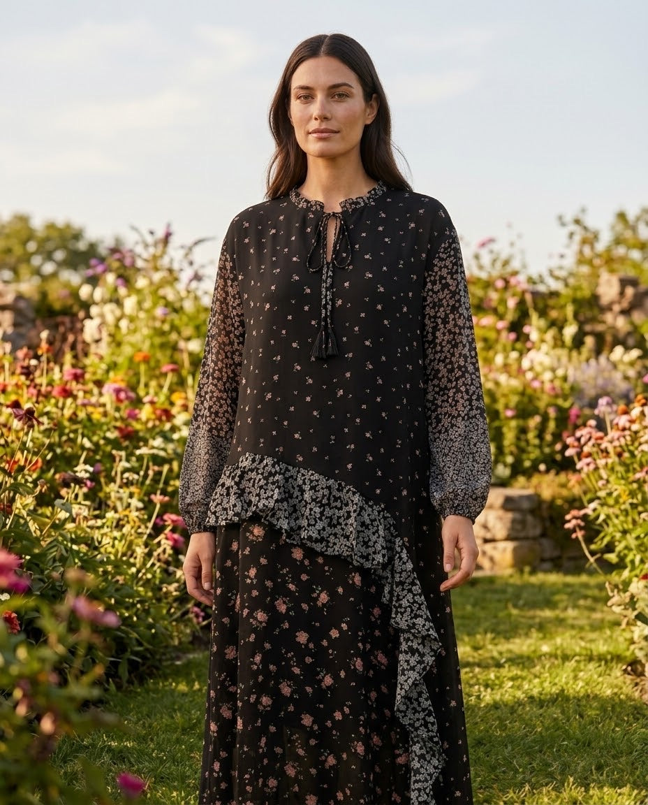 Robe Asymétrique Imprimé Fleuri Volants Noir, La Garde-Robe de Nina - vue 1
