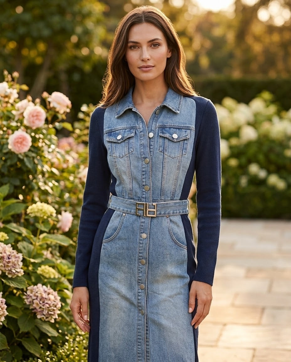 Robe Bi-Matière Jean & Maille Ceinturée Marine, La Garde-Robe de Nina - vue 2